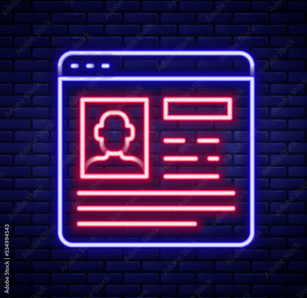 Glowing neon line Resume icon isolated on brick wall background. CV application. Searching professional staff. Analyzing personnel resume. Colorful outline concept. Vector Glowing neon line Resume icon isolated on brick wall background. CV application. Searching professional staff. Analyzing personnel resume. Colorful outline concept. Vector