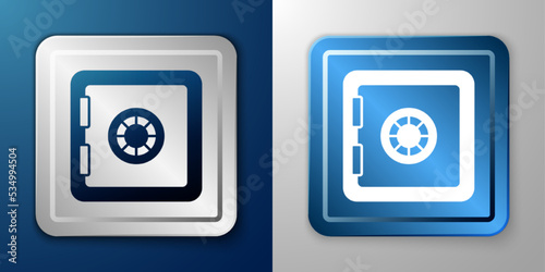 White Safe icon isolated on blue and grey background. The door safe a bank vault with a combination lock. Reliable Data Protection. Silver and blue square button. Vector
