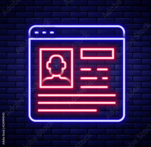 Glowing neon line Resume icon isolated on brick wall background. CV application. Searching professional staff. Analyzing personnel resume. Colorful outline concept. Vector