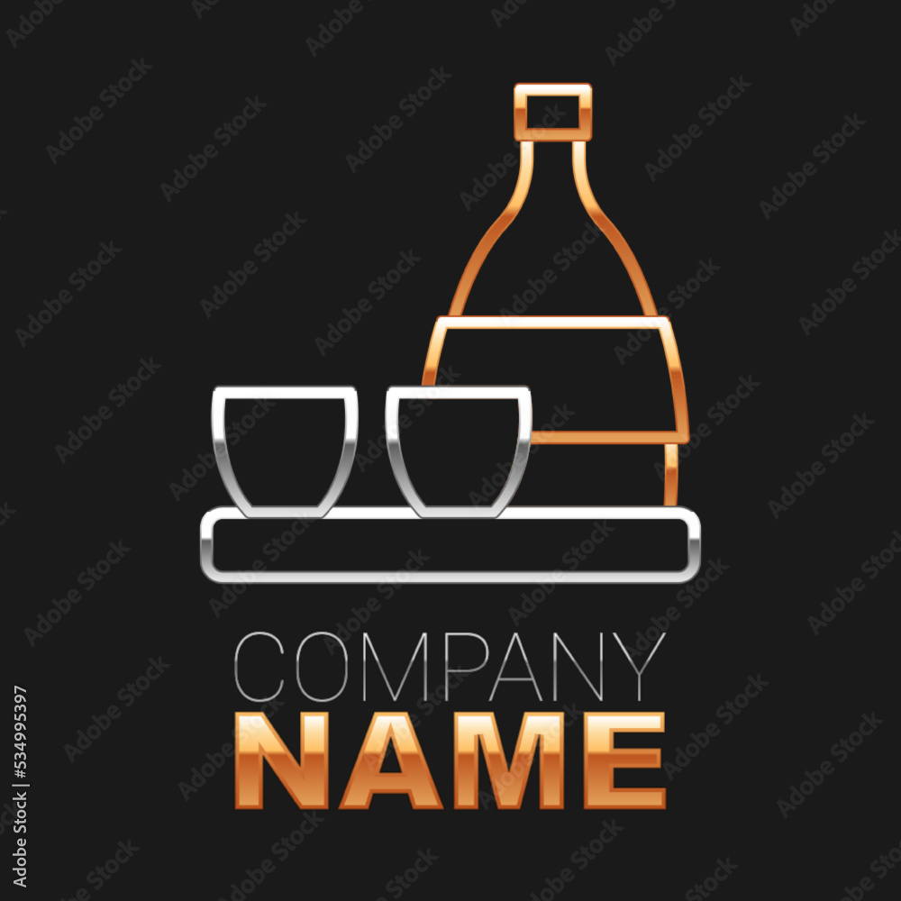 Line Bottle of sake, small cup of sake icon isolated on black background. Colorful outline concept. Vector Line Bottle of sake, small cup of sake icon isolated on black background. Colorful outline concept. Vector