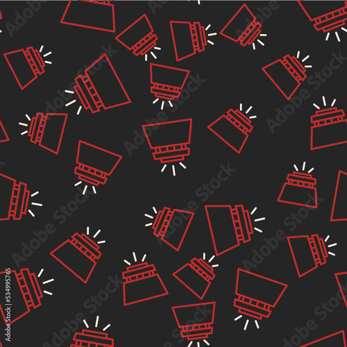 Line Fire sprinkler system icon isolated seamless pattern on black background. Sprinkler, fire extinguisher solid icon. Vector