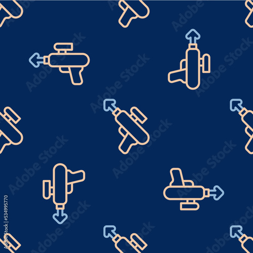 Line Fishing harpoon icon isolated seamless pattern on blue background. Fishery manufacturers for catching fish under water. Diving underwater equipment. Vector