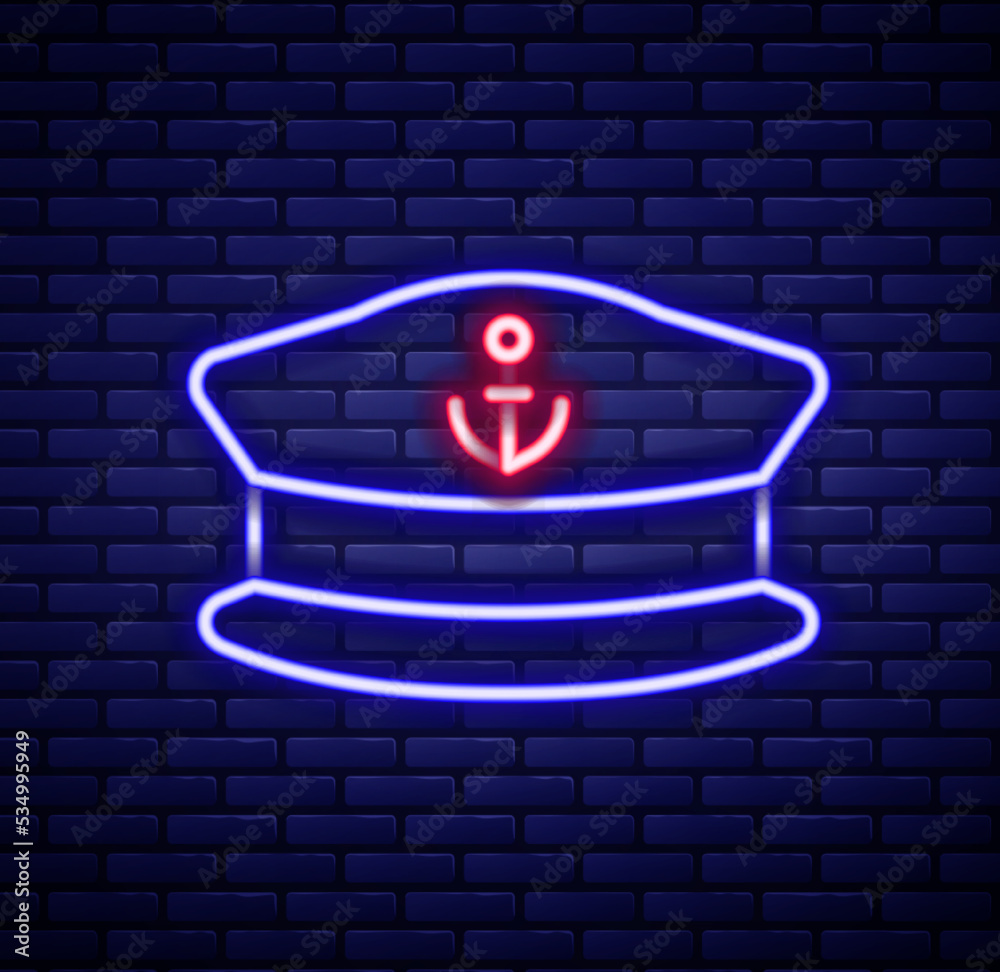 Glowing neon line Captain hat icon isolated on brick wall background. Colorful outline concept. Vector Glowing neon line Captain hat icon isolated on brick wall background. Colorful outline concept. Vector
