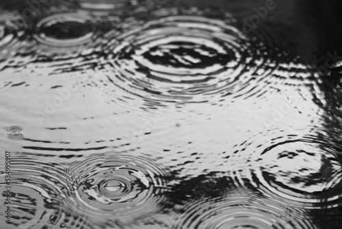 Close-up of puddle surface with rain drops making circles in the water on a rainy day