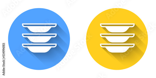 White Washing dishes icon isolated with long shadow background. Cleaning dishes icon. Dishwasher sign. Clean tableware sign. Circle button. Vector