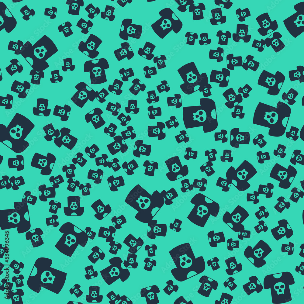 Black Shirt with skull icon isolated seamless pattern on green background. Happy Halloween party. Vector