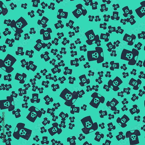Black Shirt with skull icon isolated seamless pattern on green background. Happy Halloween party. Vector