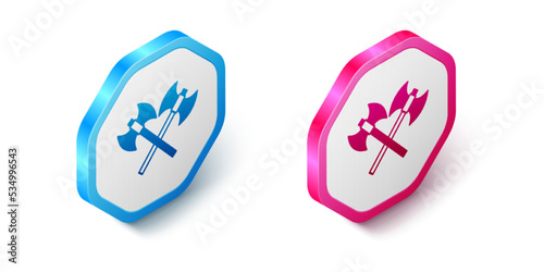 Isometric Crossed medieval axes icon isolated on white background. Battle axe, executioner axe. Medieval weapon. Hexagon button. Vector