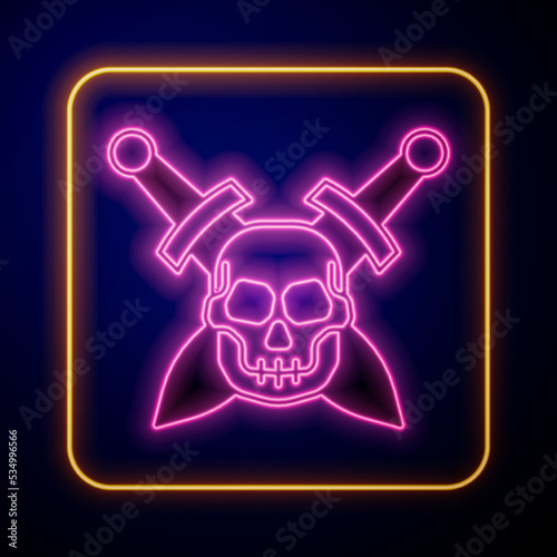 Glowing neon Crossed medieval sword with skull icon isolated on black background. Medieval weapon. Vector