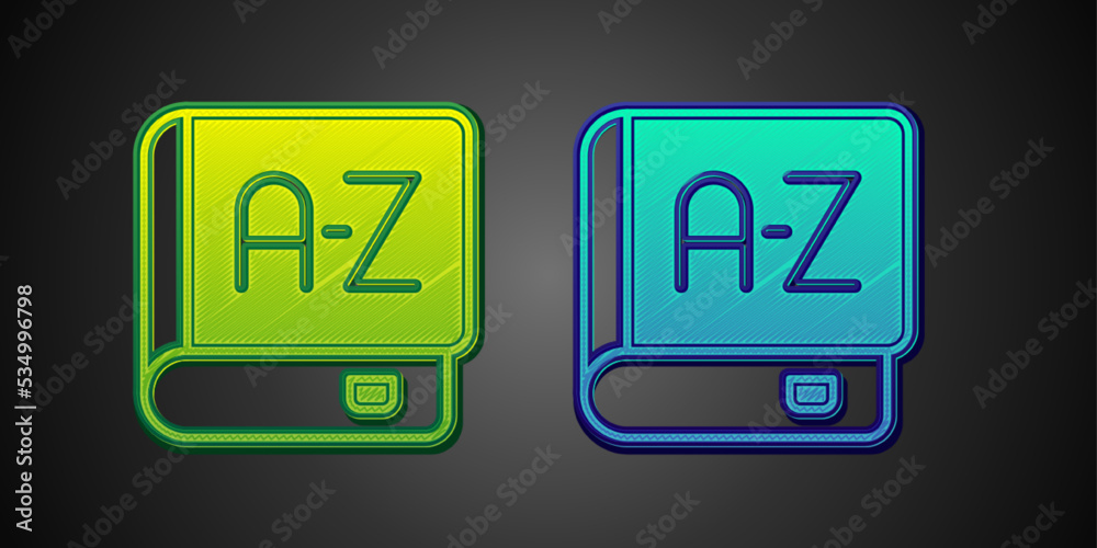 Green and blue Translator book icon isolated on black background. Foreign language conversation icons in chat speech bubble. Translating concept. Vector Green and blue Translator book icon isolated on black background. Foreign language conversation icons in chat speech bubble. Translating concept. Vector
