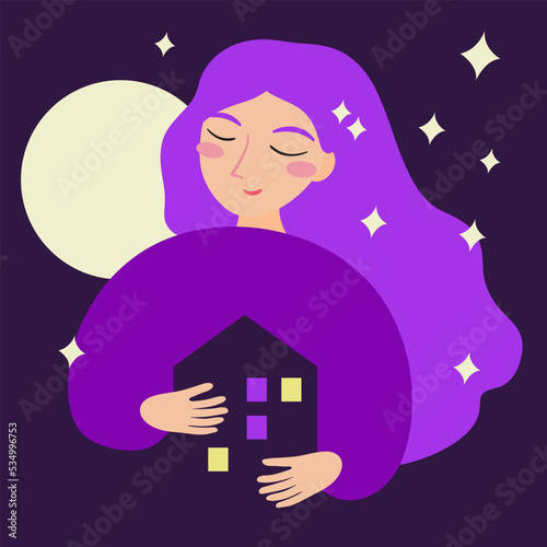 Home sweet home concept. Happy girl hugs house hold it in hands. Love to home. Flat vector cartoon cute Illustration