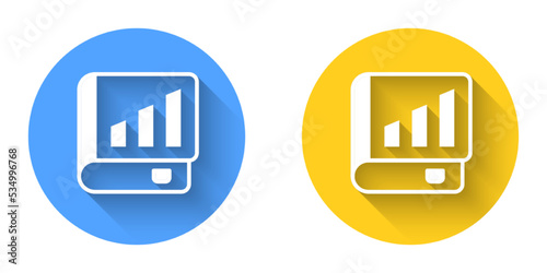 White Financial book icon isolated with long shadow background. Circle button. Vector