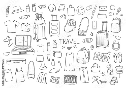旅行の持ち物にまつわる手描きイラスト（モノクロ）