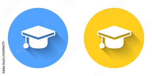 White Graduation cap icon isolated with long shadow background. Graduation hat with tassel icon. Circle button. Vector