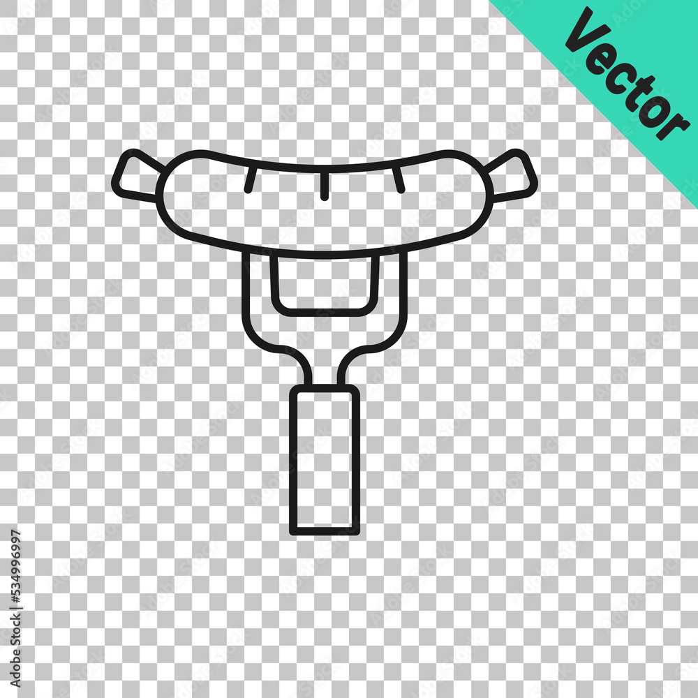 Black line Sausage on the fork icon isolated on transparent background. Grilled sausage and aroma sign. Vector Black line Sausage on the fork icon isolated on transparent background. Grilled sausage and aroma sign. Vector