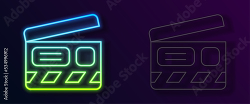 Glowing neon line Movie clapper icon isolated on black background. Film clapper board. Clapperboard sign. Cinema production or media industry. Vector