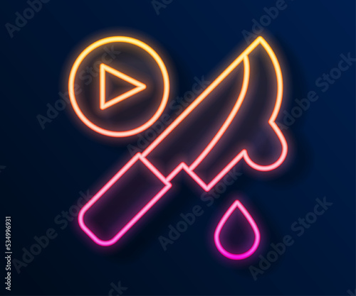 Glowing neon line Thriller movie icon isolated on black background. Bloody knife. Suspenseful cinema genre, survival horror. Shocking films with gore and violence. Vector
