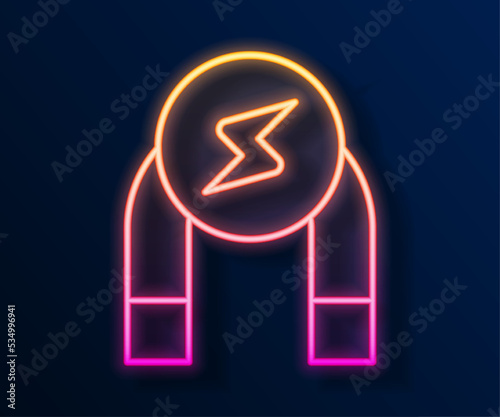 Glowing neon line Magnet icon isolated on black background. Horseshoe magnet, magnetism, magnetize, attraction. Vector