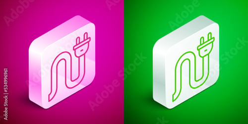 Isometric line Electric plug icon isolated on pink and green background. Concept of connection and disconnection of the electricity. Silver square button. Vector