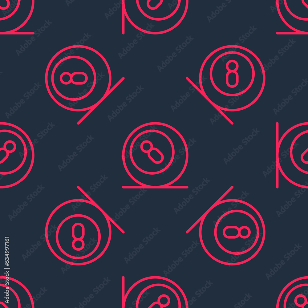 Red line Billiard pool snooker ball with number 8 icon isolated seamless pattern on black background. Vector Red line Billiard pool snooker ball with number 8 icon isolated seamless pattern on black background. Vector
