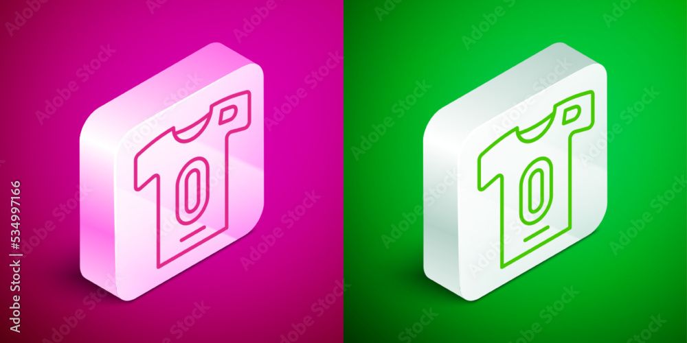 Isometric line Football jersey and t-shirt icon isolated on pink and green background. Silver square button. Vector Isometric line Football jersey and t-shirt icon isolated on pink and green background. Silver square button. Vector