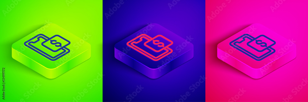 Isometric line Mobile phone and shopping cart icon isolated on green, blue and pink background. Online buying symbol. Supermarket basket symbol. Square button. Vector Isometric line Mobile phone and shopping cart icon isolated on green, blue and pink background. Online buying symbol. Supermarket basket symbol. Square button. Vector
