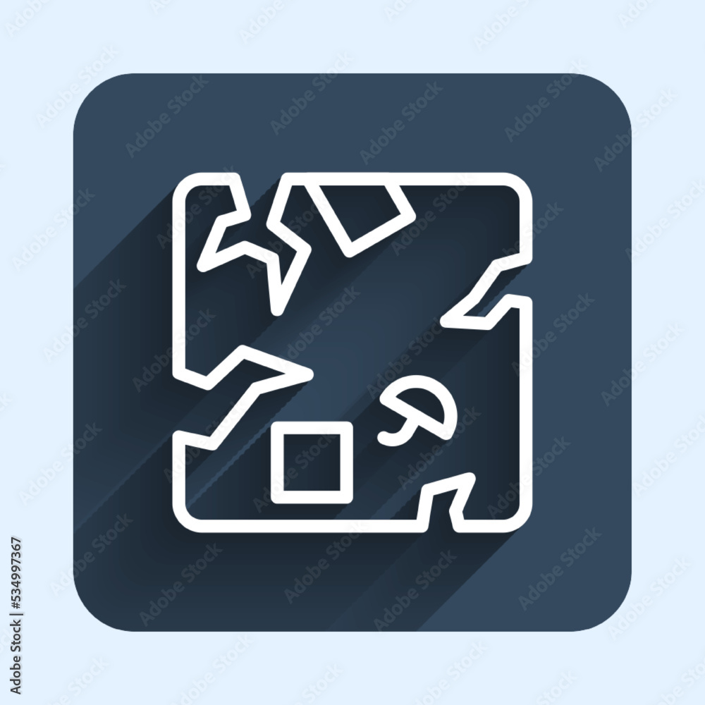 White line Broken cardboard box icon isolated with long shadow background. Box, package, parcel sign. Delivery and packaging. Blue square button. Vector White line Broken cardboard box icon isolated with long shadow background. Box, package, parcel sign. Delivery and packaging. Blue square button. Vector