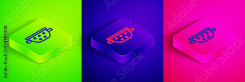 Isometric line Kitchen colander icon isolated on green, blue and pink background. Cooking utensil. Cutlery sign. Square button. Vector