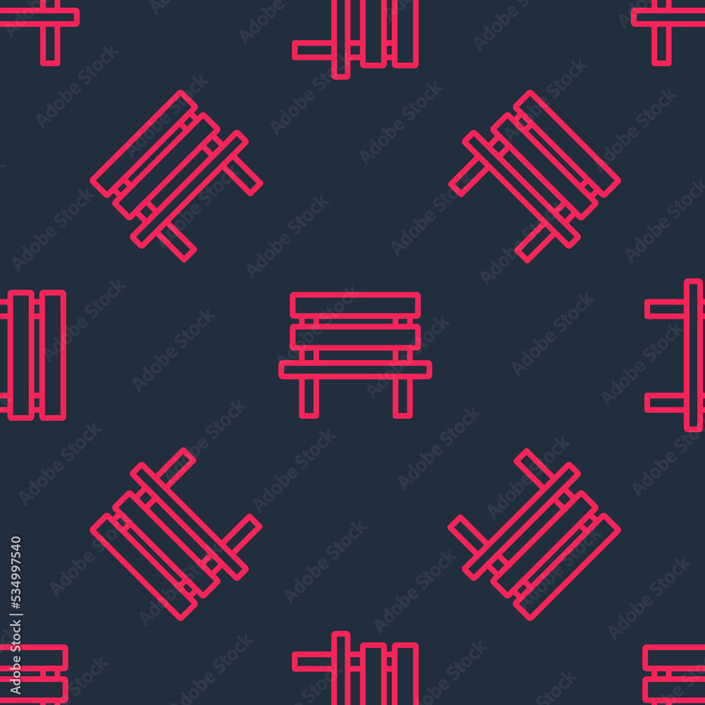 Red line Bench icon isolated seamless pattern on black background. Vector Red line Bench icon isolated seamless pattern on black background. Vector