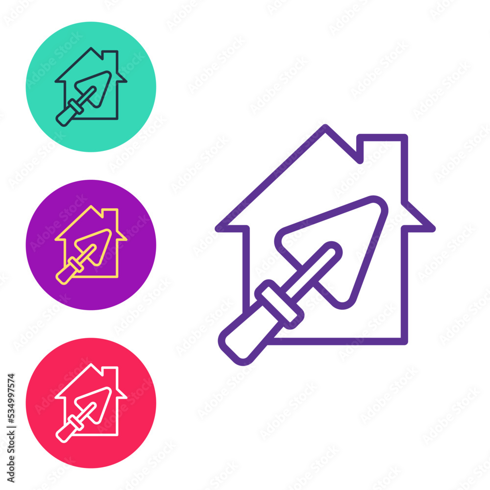 Set line House or home with trowel icon isolated on white background. Adjusting, service, setting, maintenance, repair, fixing. Set icons colorful. Vector Set line House or home with trowel icon isolated on white background. Adjusting, service, setting, maintenance, repair, fixing. Set icons colorful. Vector