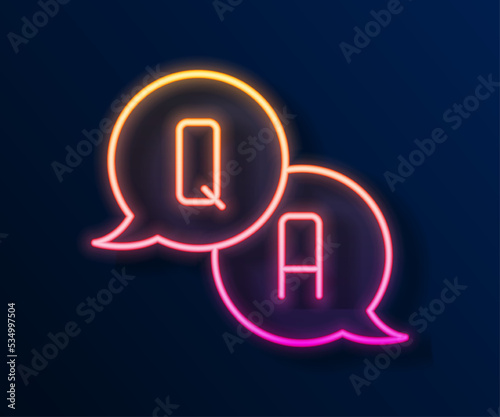 Glowing neon line Speech bubbles with Question and Answer icon isolated on black background. Q and A symbol. FAQ sign. Chat speech bubble and chart. Vector