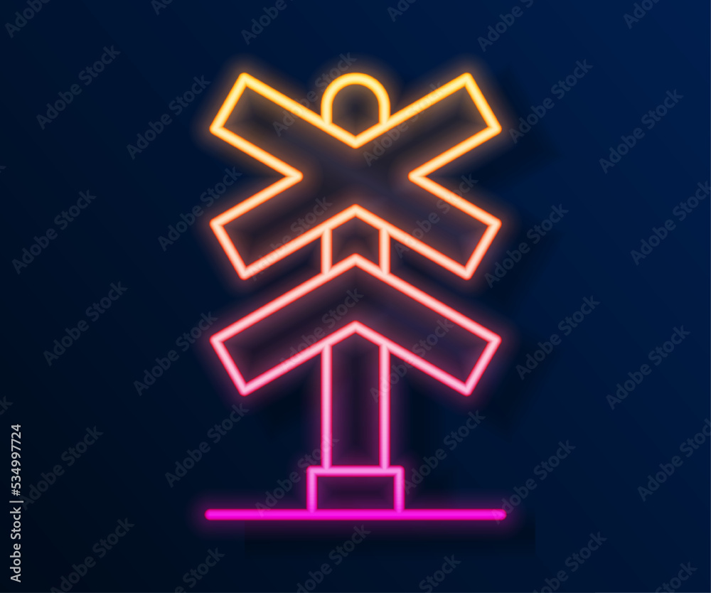 Glowing neon line Railroad crossing icon isolated on black background. Railway sign. Vector Glowing neon line Railroad crossing icon isolated on black background. Railway sign. Vector