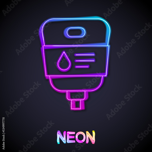 Glowing neon line IV bag icon isolated on black background. Blood bag. Donate blood concept. The concept of treatment and therapy, chemotherapy. Vector