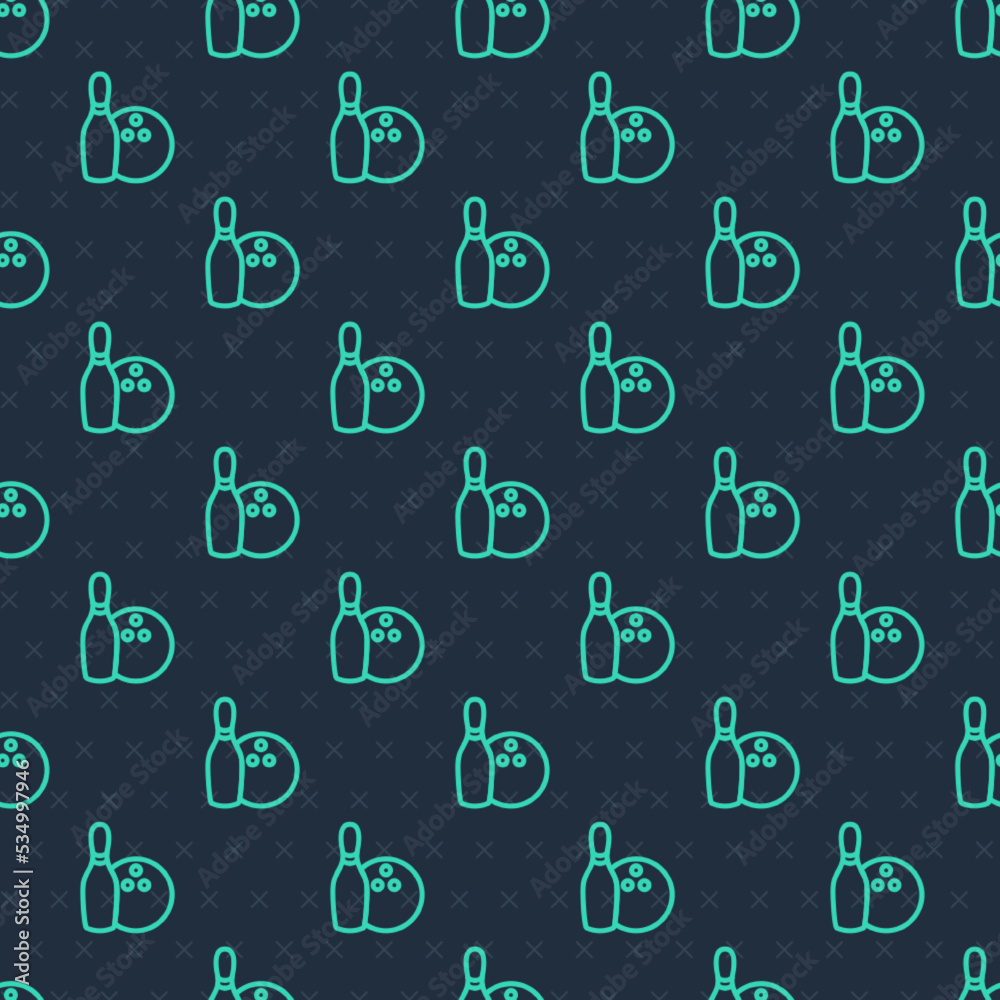 Green line Bowling pin and ball icon isolated seamless pattern on blue background. Sport equipment. Vector Green line Bowling pin and ball icon isolated seamless pattern on blue background. Sport equipment. Vector