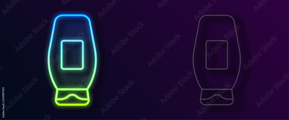 Glowing neon line Bottle of shampoo icon isolated on black background. Vector Glowing neon line Bottle of shampoo icon isolated on black background. Vector