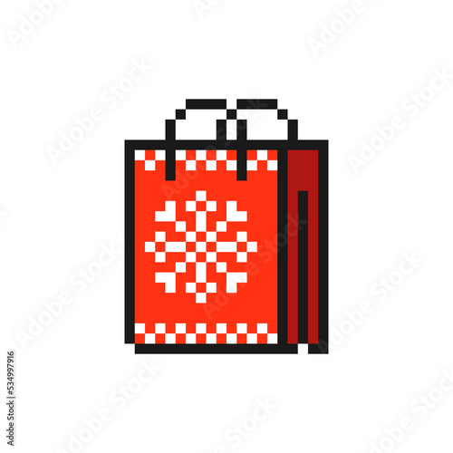 Christmas gift bag icon in pixel art design isolated on white background, Christmas and New Year vector sign symbol.