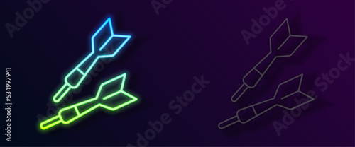 Glowing neon line Dart arrow icon isolated on black background. Vector