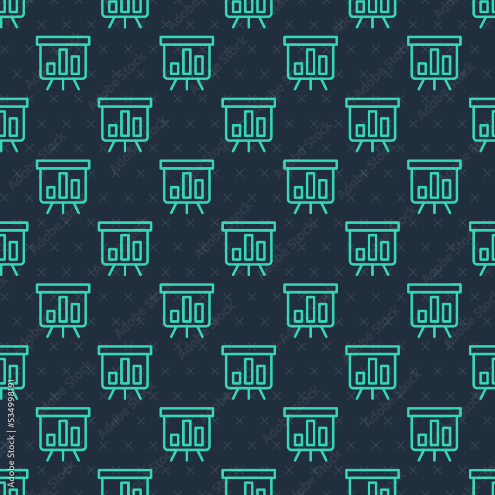 Fototapeta premium Green line Board with graph chart icon isolated seamless pattern on blue background. Report text file icon. Accounting sign. Audit, analysis, planning. Vector