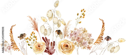 Fall leaves  wildflowers  acorn  herbs boho bouquet painted in watercolor. Dried pampas grass floral arrangement. Botanical boho elements isolated on white. Wedding invitation  greeting  card
