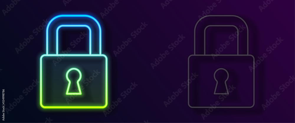Glowing neon line Lock icon isolated on black background. Padlock sign. Security, safety, protection, privacy concept. Vector Glowing neon line Lock icon isolated on black background. Padlock sign. Security, safety, protection, privacy concept. Vector