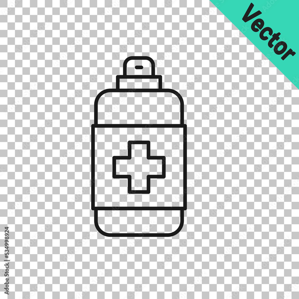 Obraz premium Black line Bottle of liquid antibacterial soap with dispenser icon isolated on transparent background. Antiseptic. Disinfection, hygiene, skin care. Vector