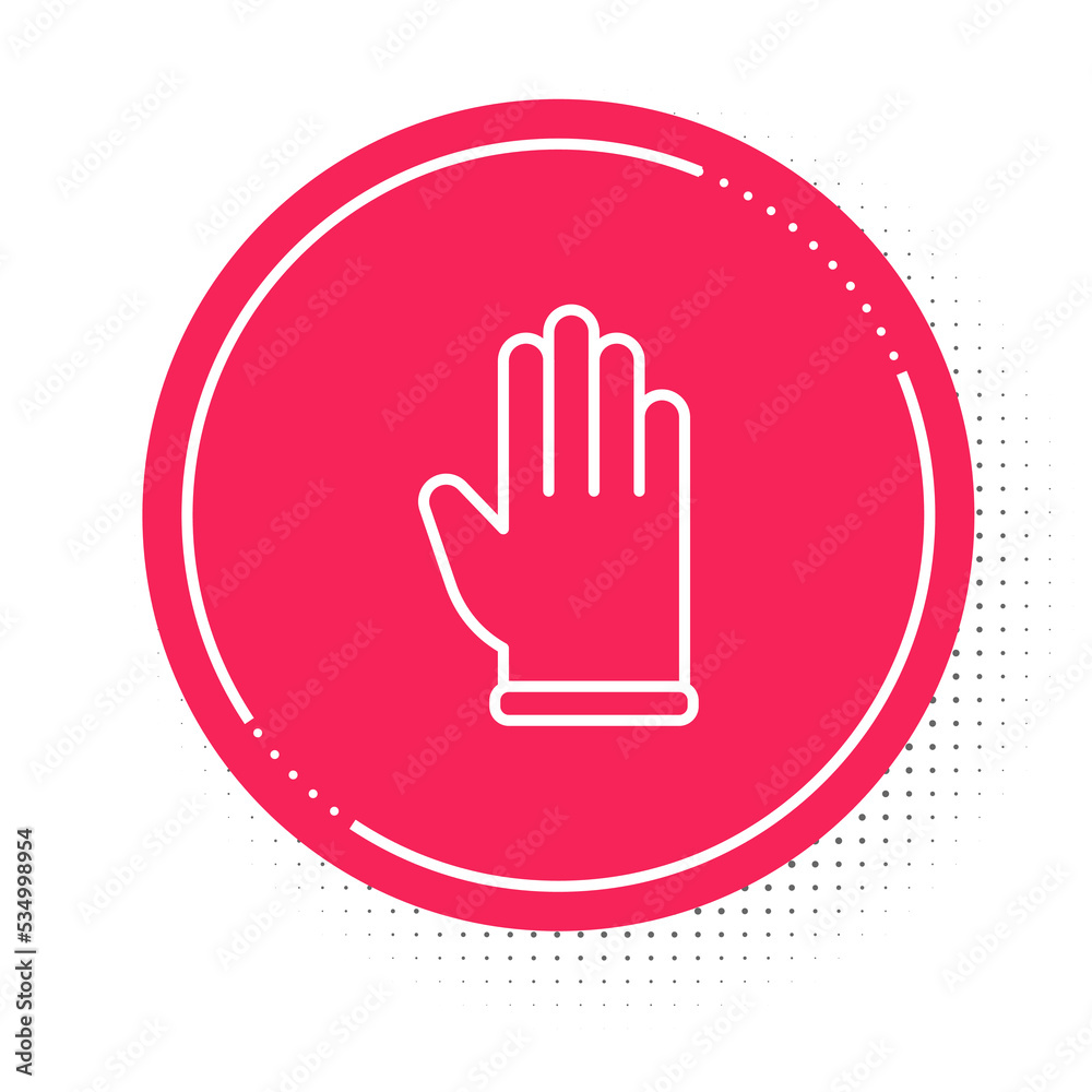 White line Rubber gloves icon isolated on white background. Latex hand protection sign. Housework cleaning equipment symbol. Red circle button. Vector White line Rubber gloves icon isolated on white background. Latex hand protection sign. Housework cleaning equipment symbol. Red circle button. Vector