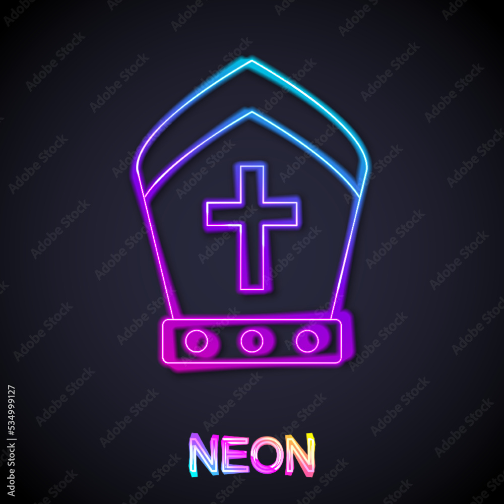 Obraz premium Glowing neon line Pope hat icon isolated on black background. Christian hat sign. Vector