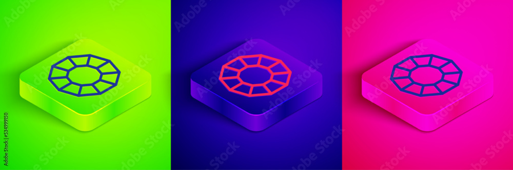 Isometric line Diamond icon isolated on green, blue and pink background. Jewelry symbol. Gem stone. Square button. Vector Isometric line Diamond icon isolated on green, blue and pink background. Jewelry symbol. Gem stone. Square button. Vector