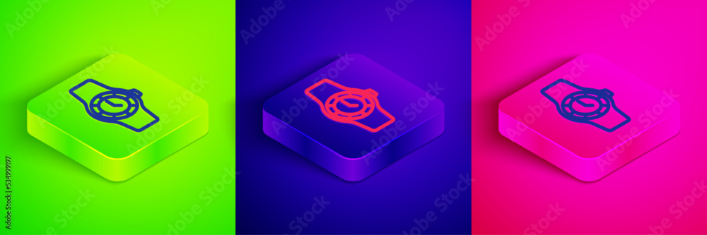 Isometric line Wrist watch icon isolated on green, blue and pink background. Wristwatch icon. Square button. Vector Isometric line Wrist watch icon isolated on green, blue and pink background. Wristwatch icon. Square button. Vector