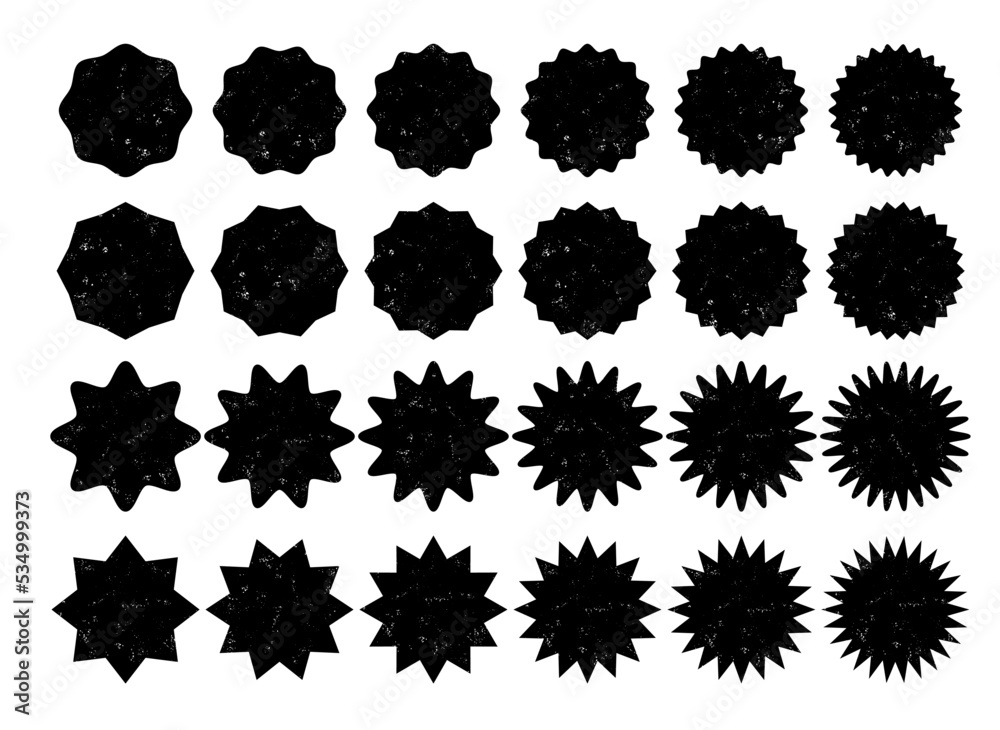 Conjunto de formas de estrellas en color negro y con textura grunge.  Pegatinas de venta o descuento, iconos, insignias. Estrellas con diferente  número de rayos, con vértices redondos y de punta. Stock