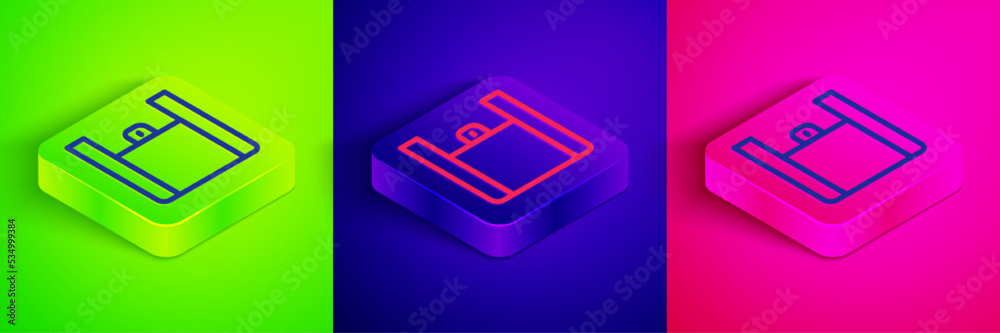 Isometric line Online ordering and fast food delivery icon isolated on green, blue and pink background. Square button. Vector Isometric line Online ordering and fast food delivery icon isolated on green, blue and pink background. Square button. Vector