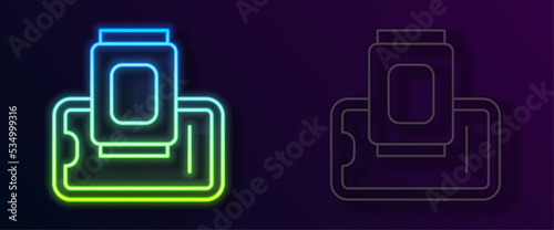 Glowing neon line Food ordering on mobile icon isolated on black background. Order by mobile phone. Restaurant food delivery concept. Vector