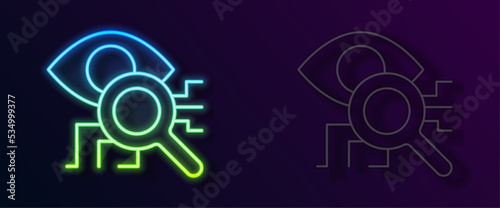 Glowing neon line Eye scan icon isolated on black background. Retinal scan. Scanning eye. Security check symbol. Cyber eye sign. Vector