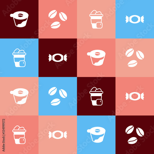 Set pop art Pour over coffee maker, Coffee beans, Iced and Candy icon. Vector